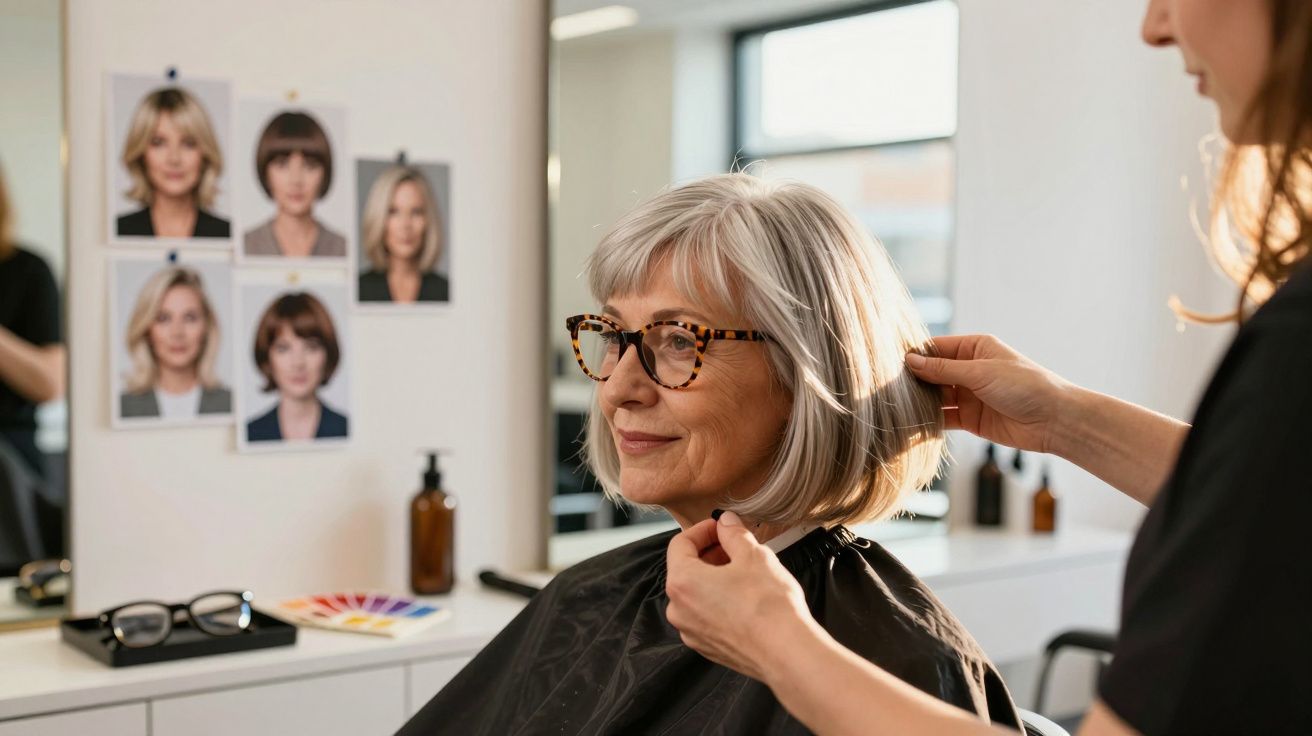 Mulher idosa com cabelo grisalho a ser atendida por cabeleireira num salão de beleza.