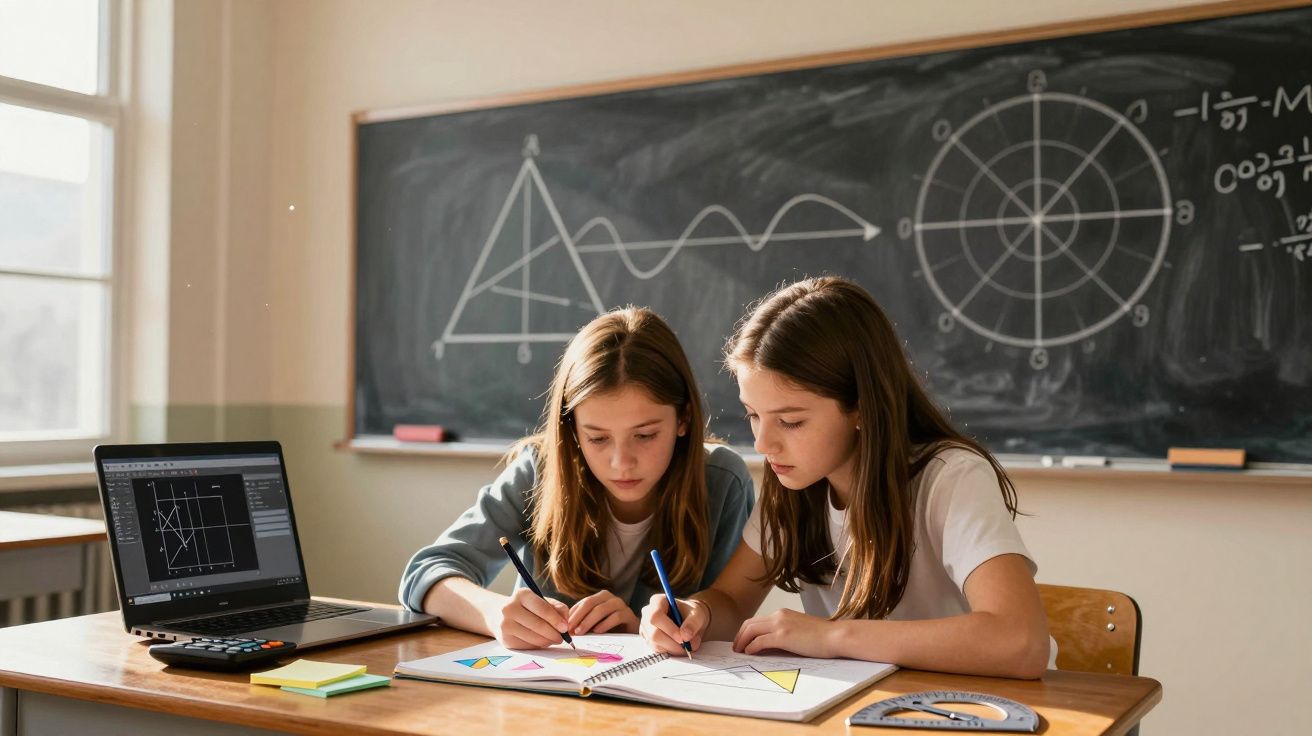 Duas raparigas estudam geometria na escola com caderno, laptop e quadro negro ao fundo.
