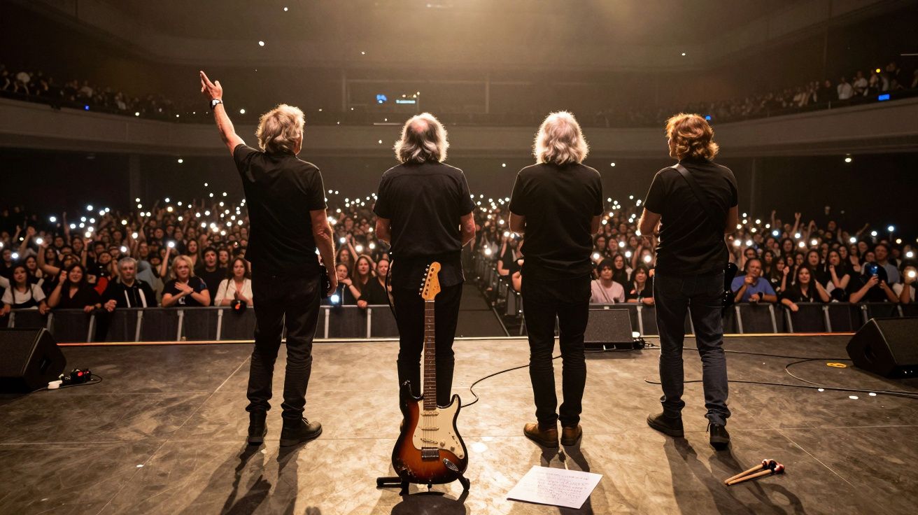 Banda de costas numa sala cheia de público com luzes dos telemóveis acesas durante espetáculo.
