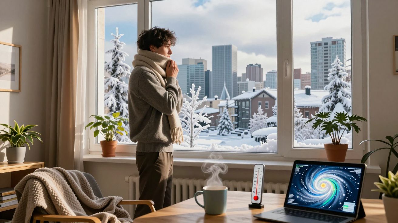 Homem de camisola e cachecol observa a cidade nevada pela janela, com chá quente e laptop na mesa.