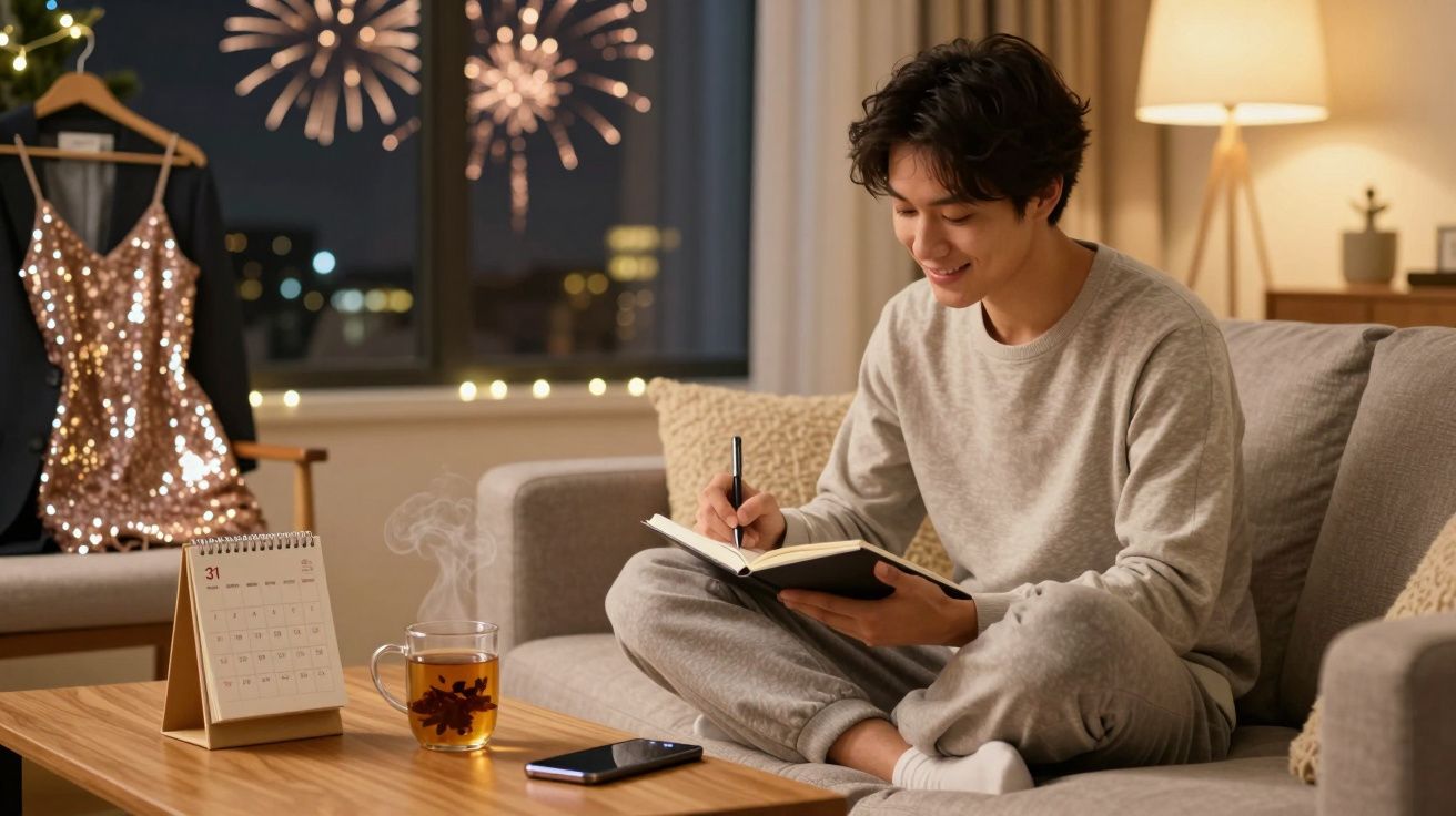 Homem sentado no sofá a escrever num caderno, com fogo de artifício na janela e chá na mesa à frente.