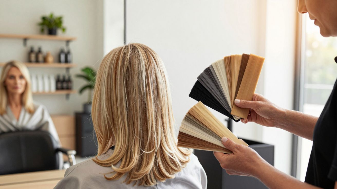 Mulher sentada no cabeleireiro enquanto profissional mostra amostras de cores de cabelo.