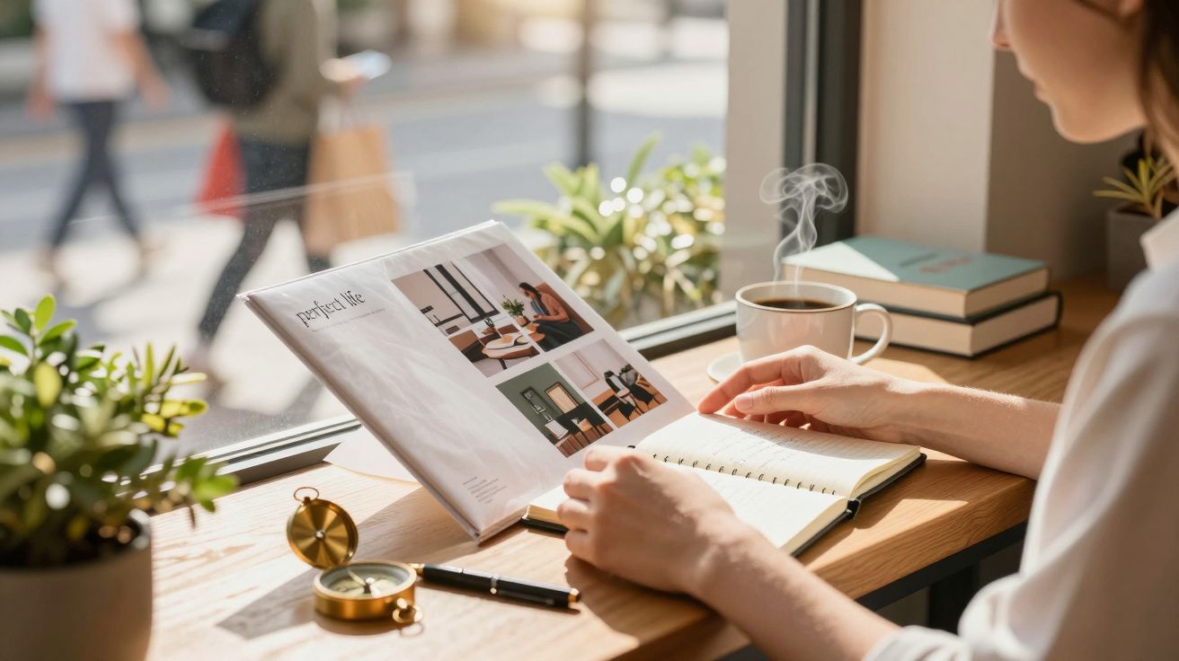 Pessoa a escrever num caderno com revista, bússola e chá quente numa mesa junto a uma janela iluminada.