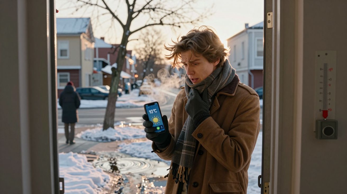 Homem vestido para o frio segura smartphone com previsão de 10°C, rodeado de neve e vapor na cidade.