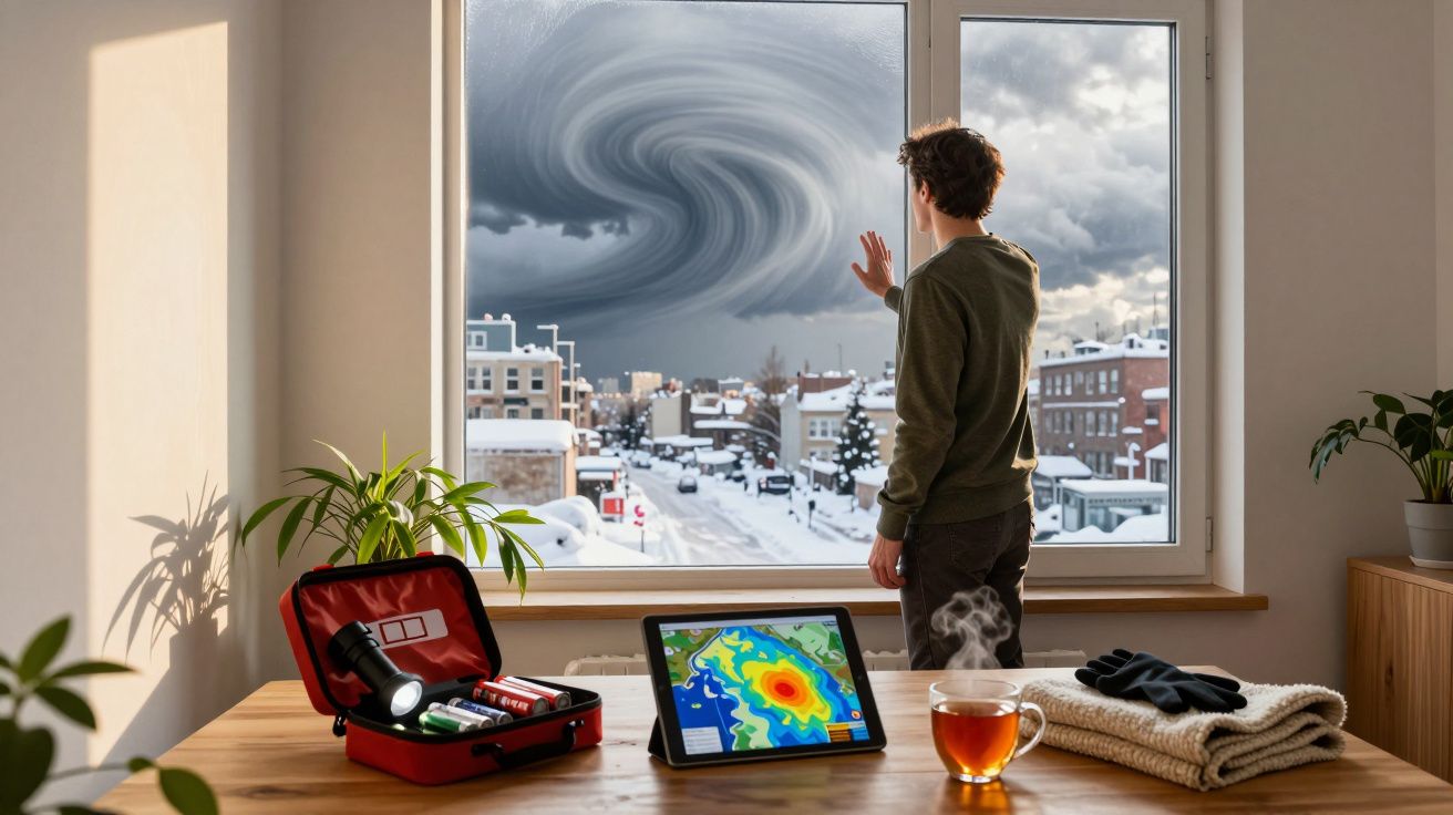 Homem observa redemoinho na nuvem através da janela, com kit de emergência e tablet com previsão do tempo na mesa.