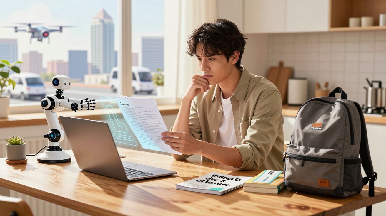 Homem jovem sentado a estudar com um robot assistente e computador numa cozinha iluminada.