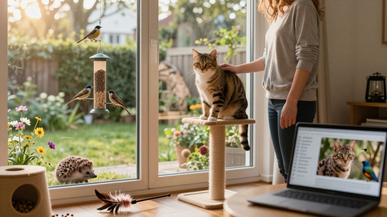 Gato sentado num arranhador junto a uma janela com pássaros e um ouriço no jardim, mulher a fazer-lhe festinhas.