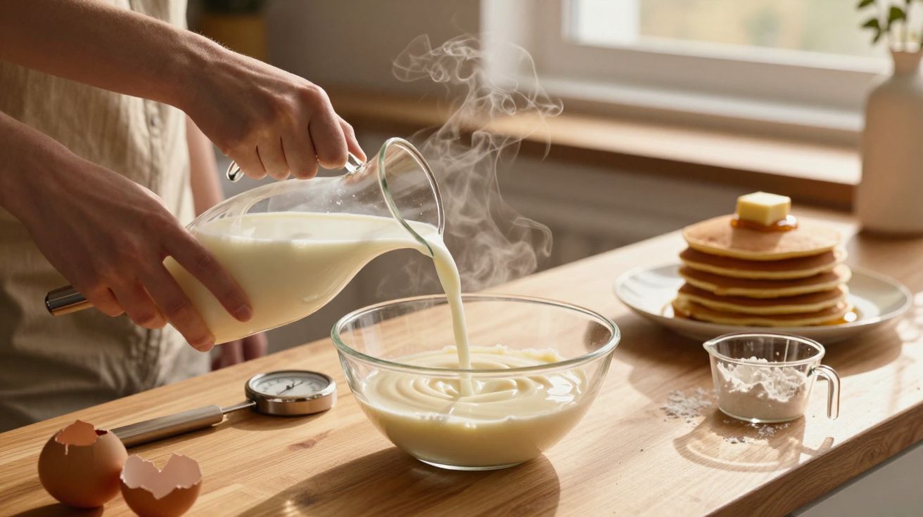 Pessoa a verter leite quente numa taça de vidro numa bancada com ovos partidos, termómetro, farinha e panquecas.