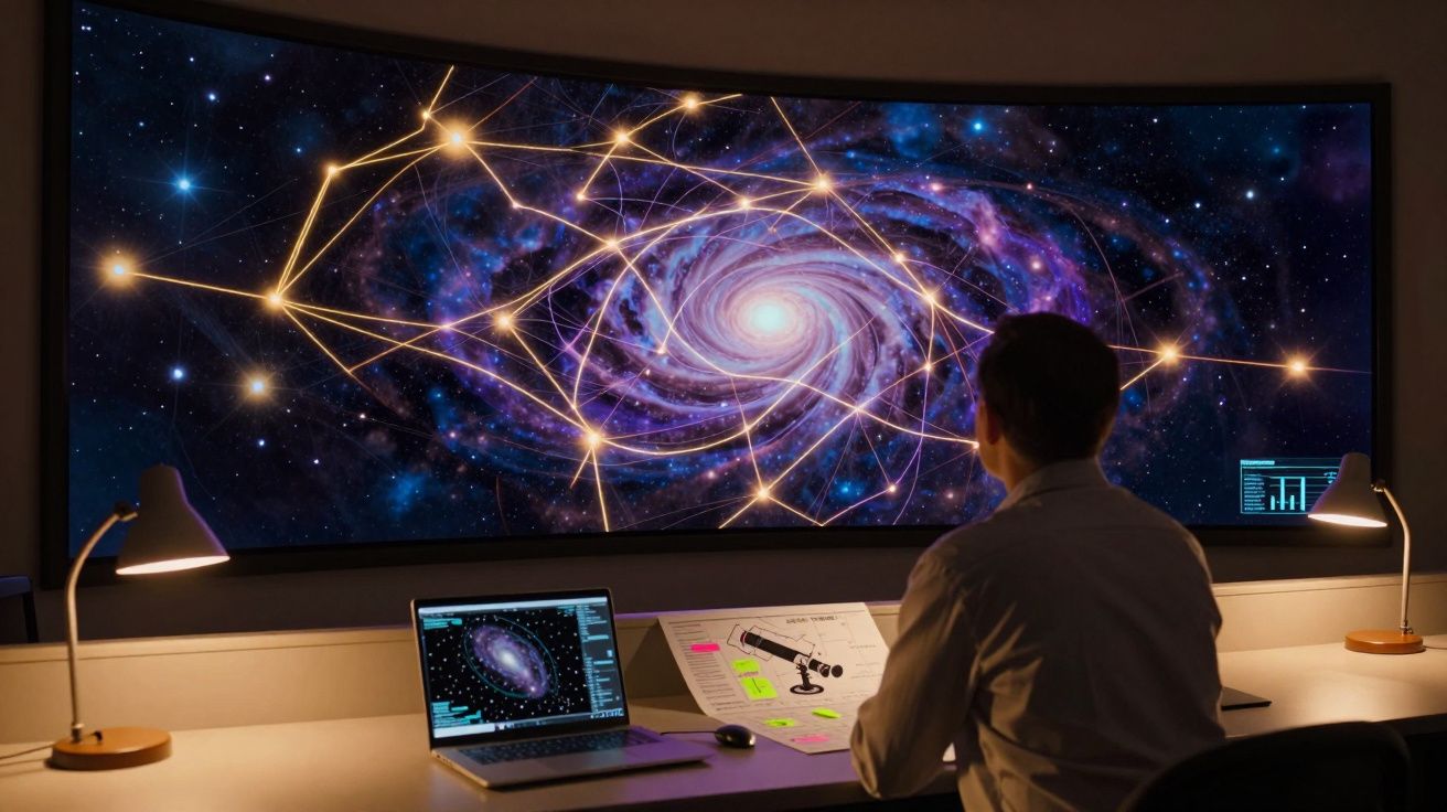Pessoa analisando uma simulação de galáxia espiral com conexões luminosas numa grande tela curvada.