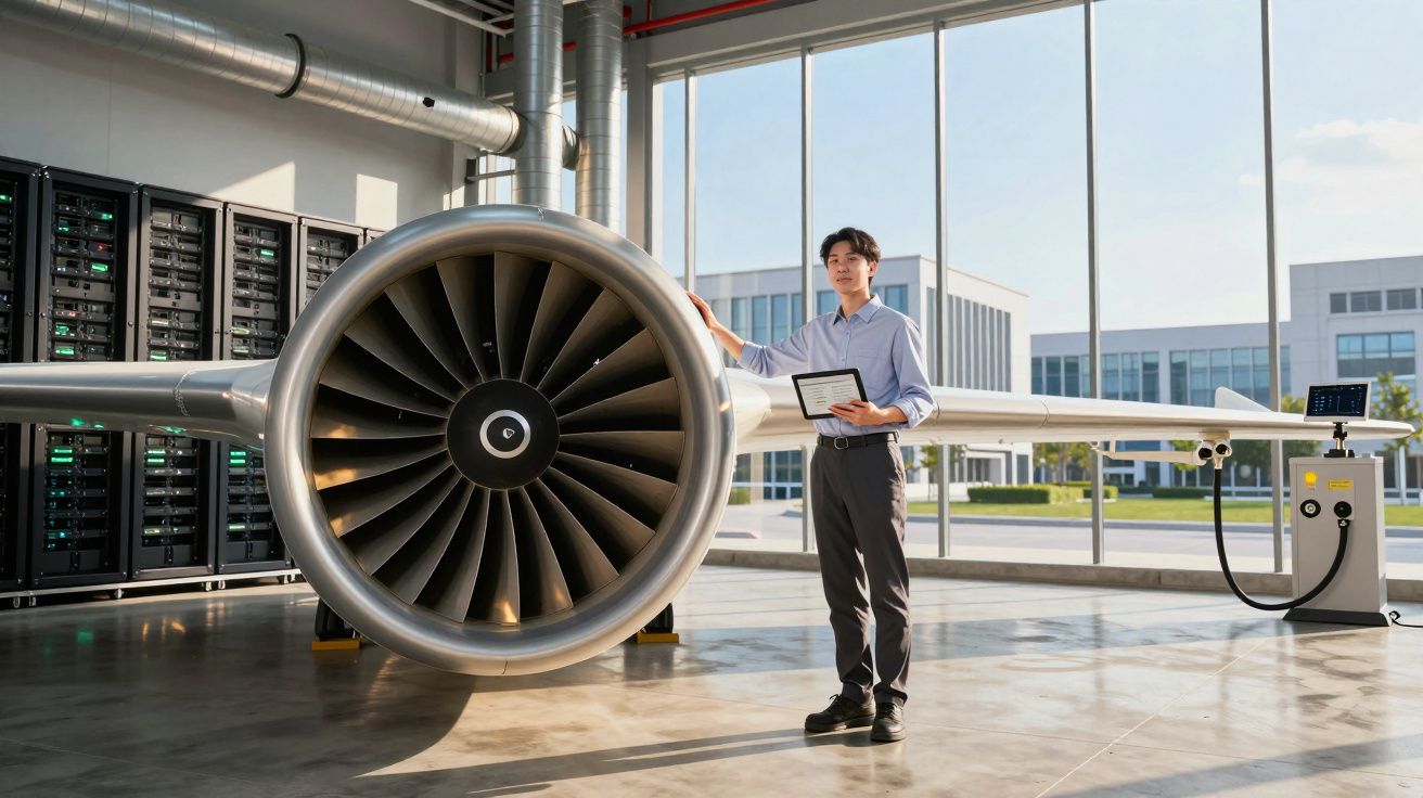 Homem em escritório com turbina de avião e computador portátil em mãos, diante de janelas grandes.