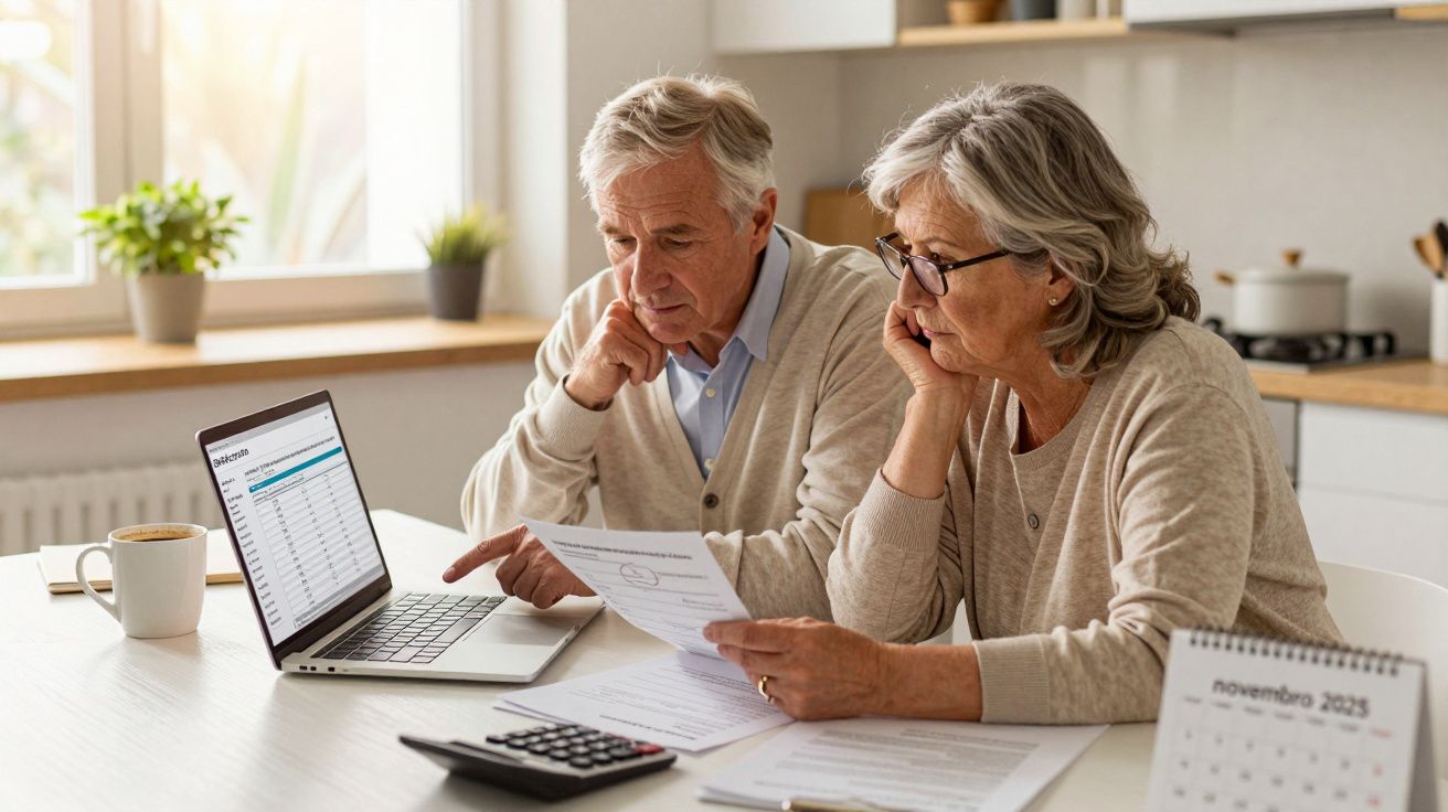 Casal sénior sentado à mesa a analisar documentos e informações no portátil numa cozinha iluminada.