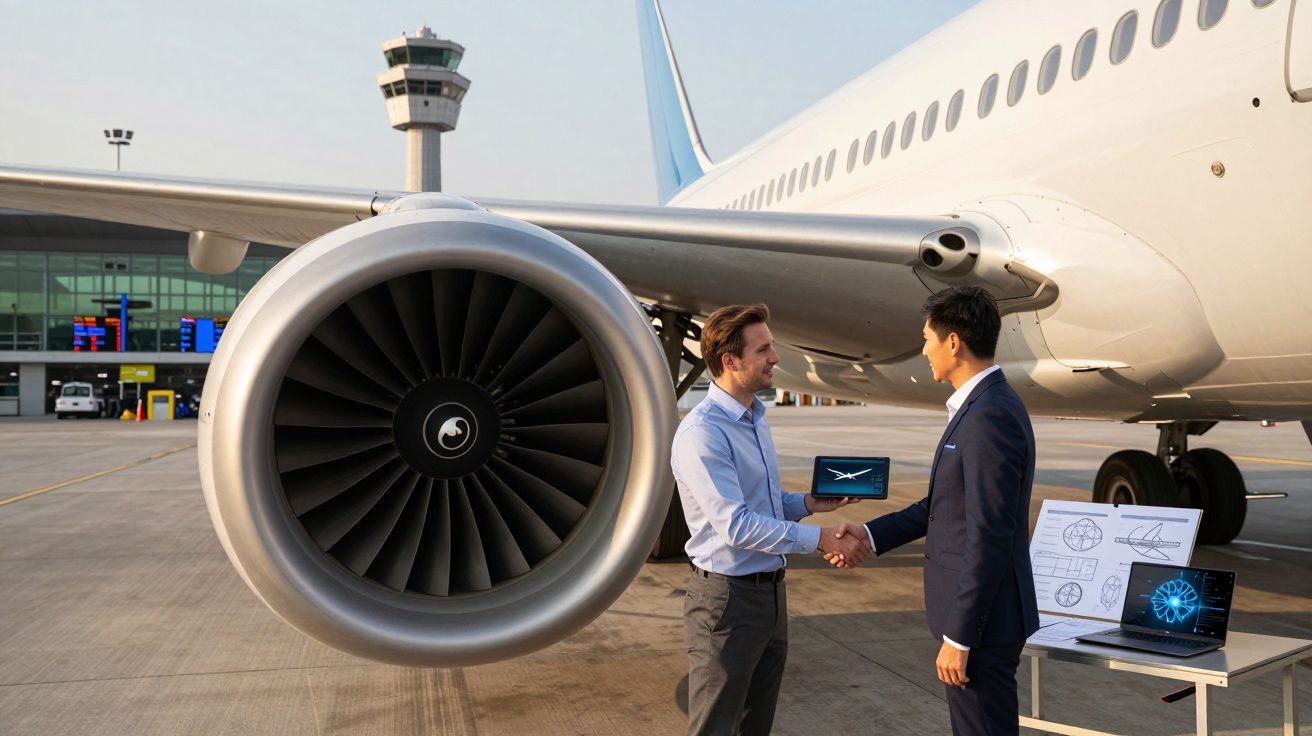 Dois homens cumprimentam-se junto a um avião, mostrando designs técnicos em ecrãs e papel em aeroporto.