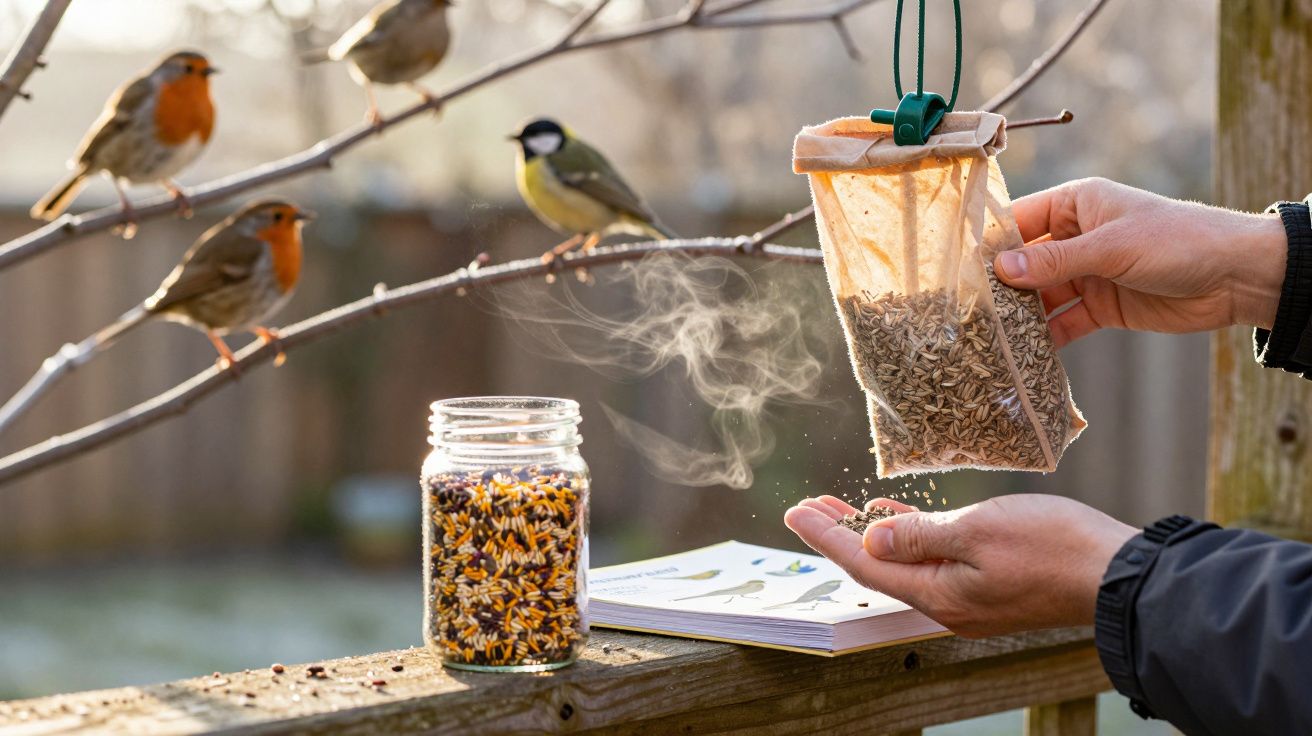 Mãos a colocar comida para pássaros enquanto vários pássaros pousam num ramo próximo num cenário ao ar livre.