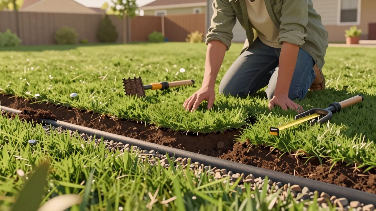 Pessoa a instalar ou reparar relva artificial num jardim exterior com ferramentas ao lado.