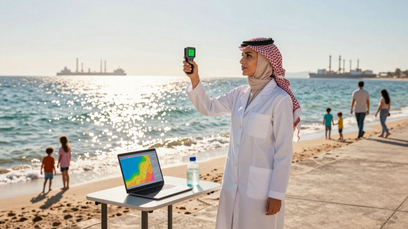 Mulher com jaleco branco a testar qualidade do ar junto ao mar, com laptop e pessoas ao fundo na praia.