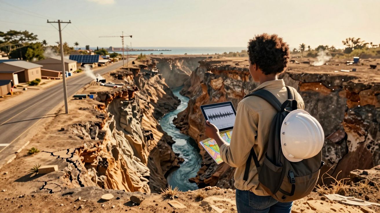 Pessoa com capacete e mochila observa canyon à beira de estrada usando tablets com mapas e gráficos.