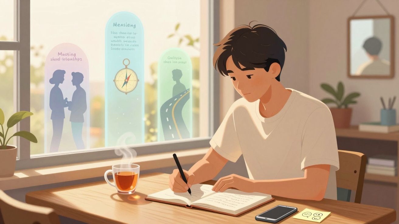 Jovem a escrever num caderno numa mesa com chá, telemóvel e notas, luz suave e pensamento visualizado na janela.