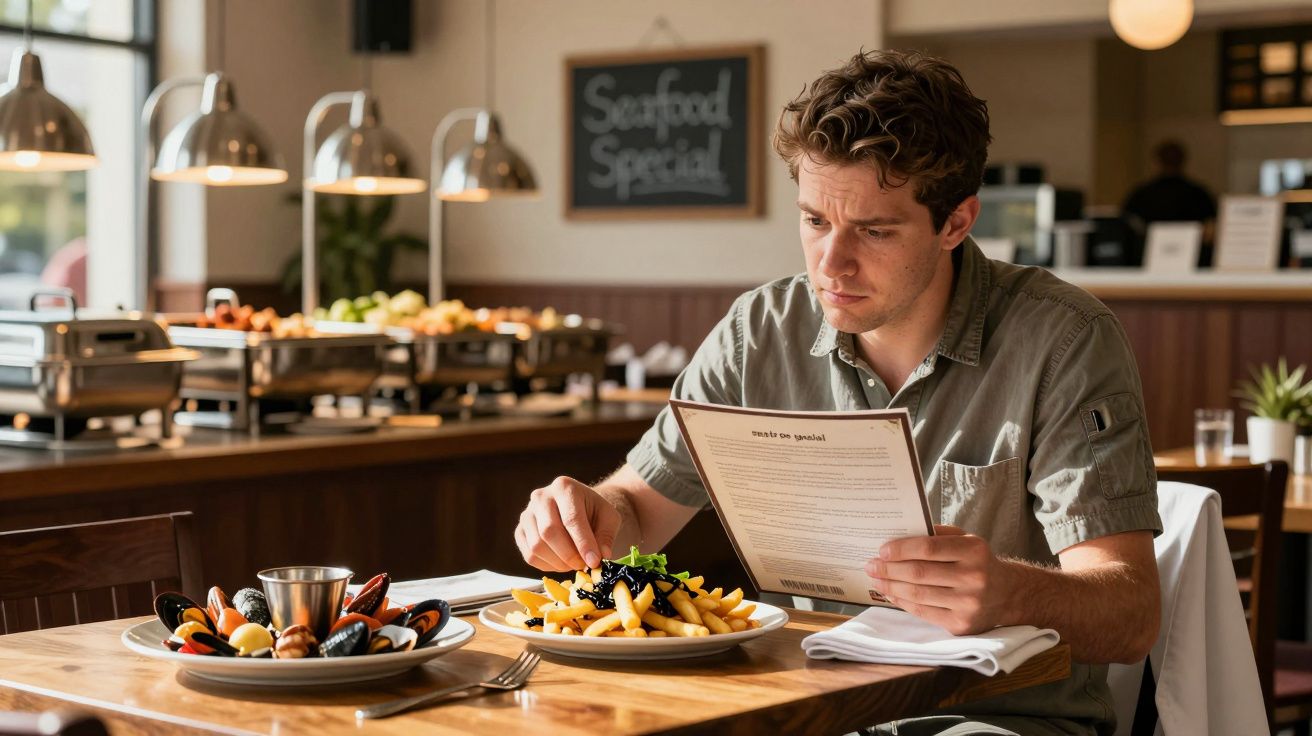 Homem sentado num restaurante segurando um menu e a comer batatas fritas com mexilhões.