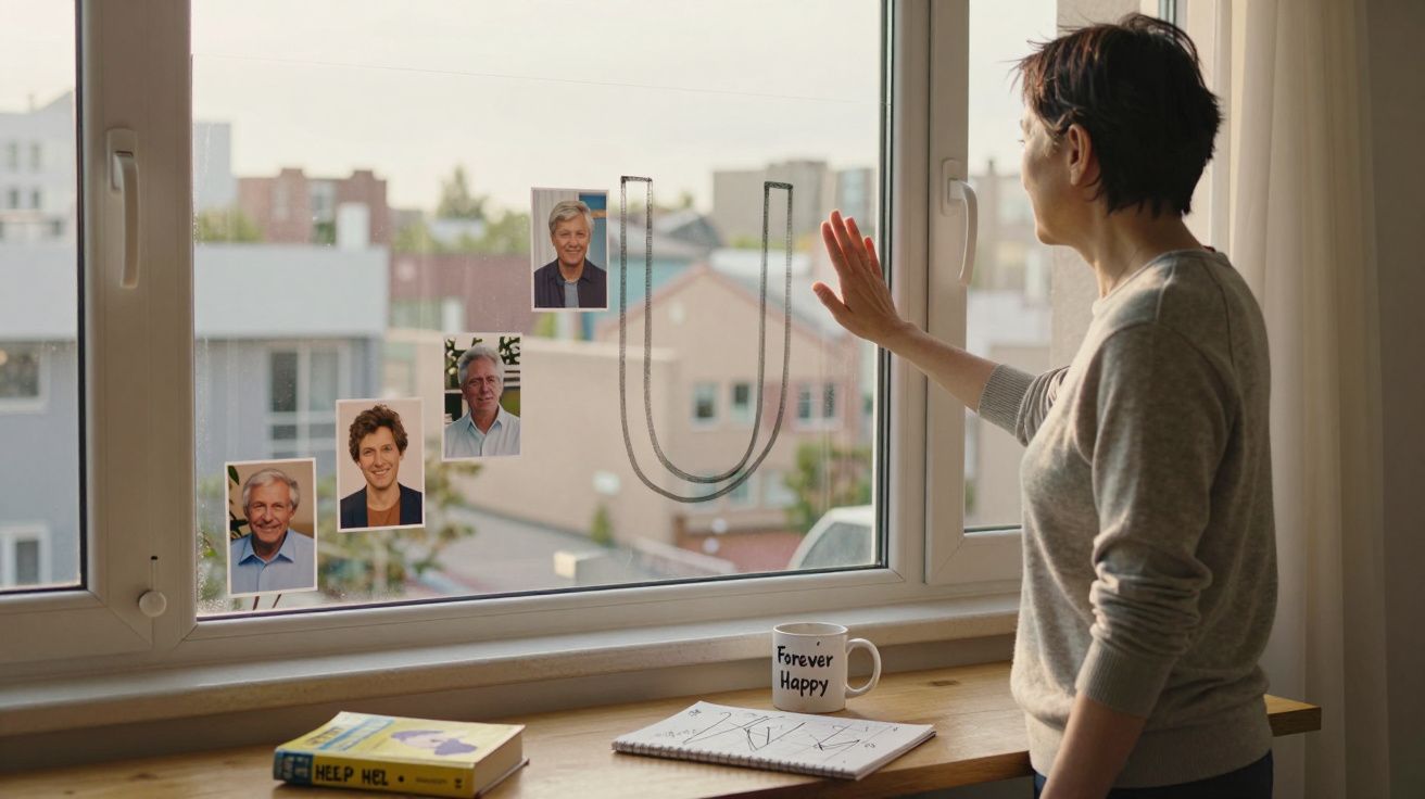Mulher olhando pela janela com fotografias coladas no vidro e caneca "Forever Happy" sobre a mesa.