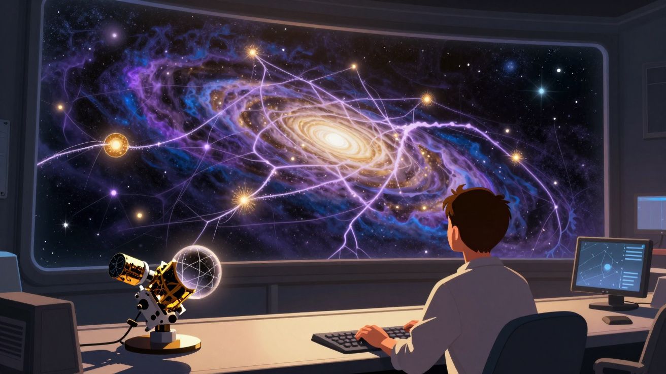 Pessoa numa sala de controlo a observar uma galáxia iluminada com estrelas e órbitas brilhantes num ecrã grande.