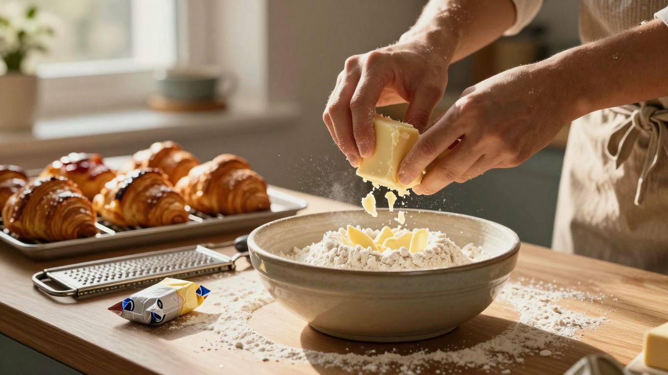 Mãos a desfazer manteiga numa taça com farinha, perto de croissants numa bancada de cozinha iluminada.