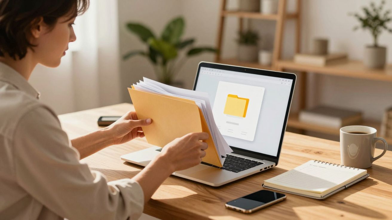 Pessoa a organizar documentos em pasta amarela junto a computador portátil com ecrã a mostrar ícone de pasta.