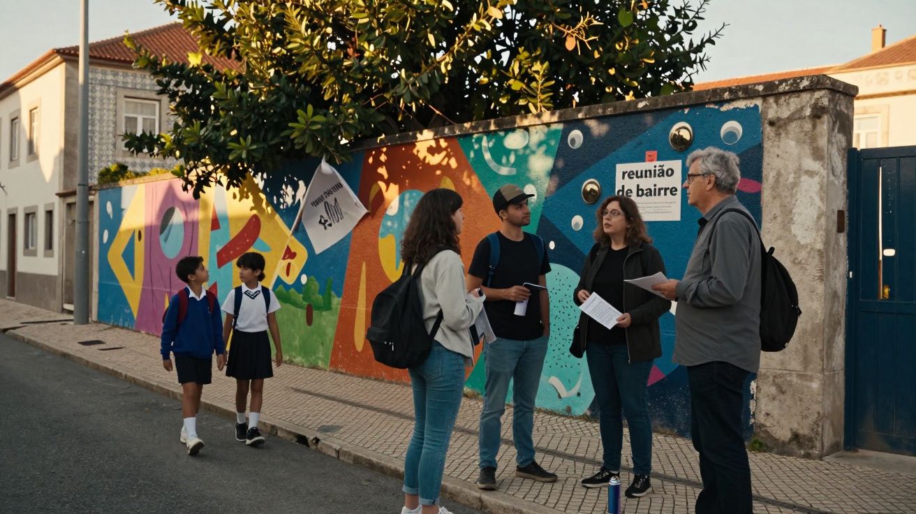 Grupo de adultos em reunião de bairro junto a mural colorido com inscrições na parede da rua.