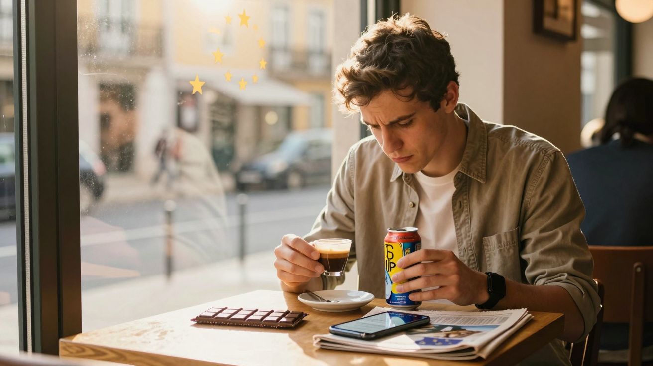 Jovem a beber café num café, com tablete de chocolate, telemóvel e lata na mesa junto à janela.