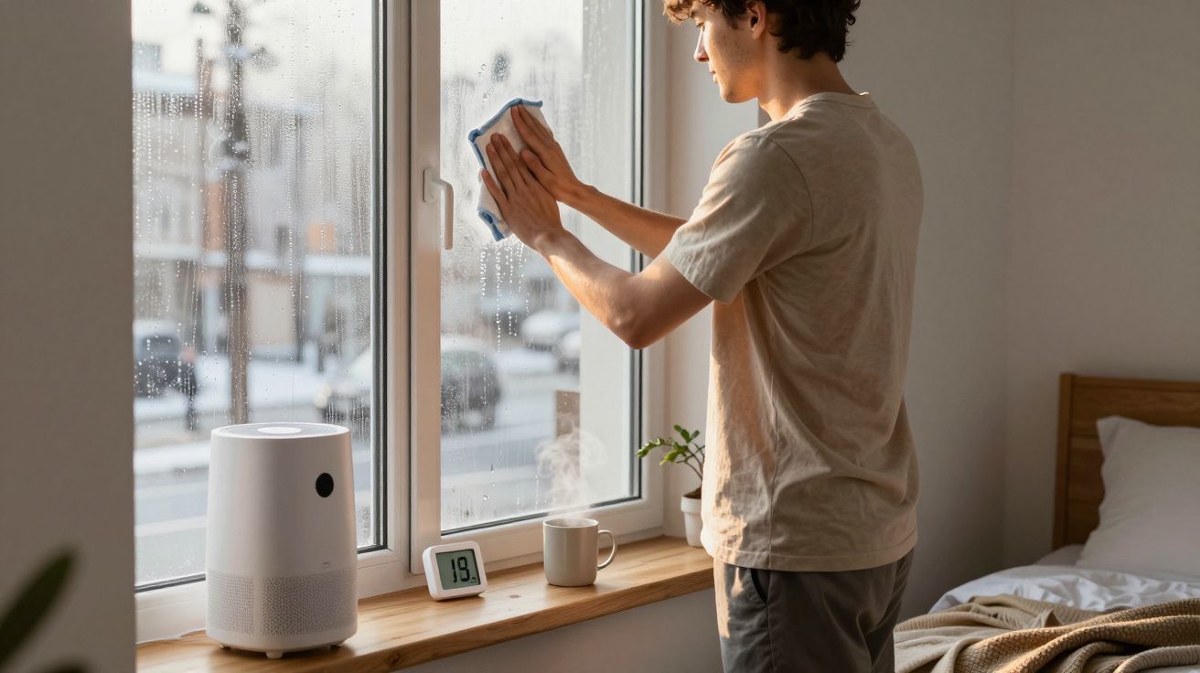 Jovem limpa janela interna húmida com pano azul, junto a cama, ar condicionado e chávena fumegante.