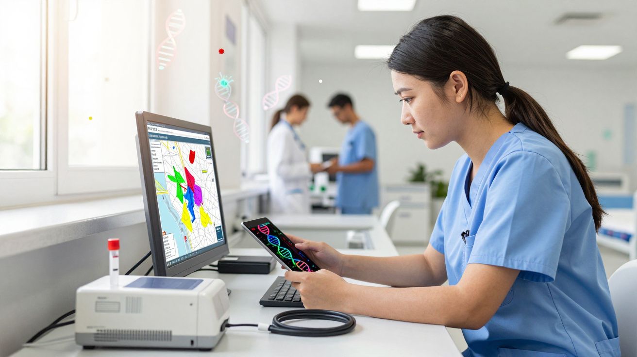 Mulher em uniforme médico a analisar dados genéticos num tablet, com computador e laboratório ao fundo.