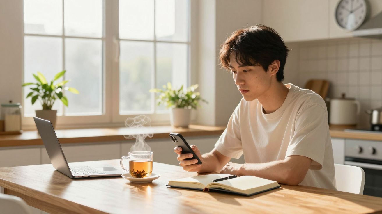 Homem a usar telemóvel, com chá quente, caderno e portátil numa mesa numa cozinha luminosa.