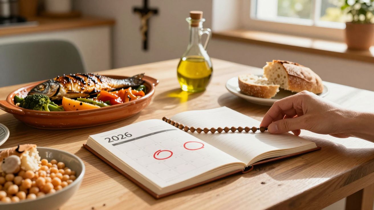 Mão segurando rosário junto a calendário aberto com datas marcadas, refeições e pão sobre mesa de madeira.