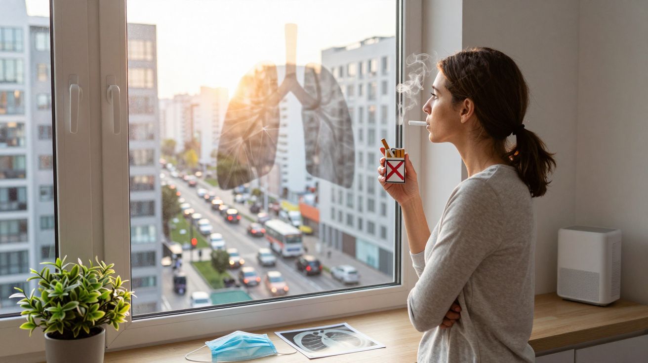 Mulher a fumar junto a janela com ilustração digital de pulmões e maço de cigarros riscado na mão.