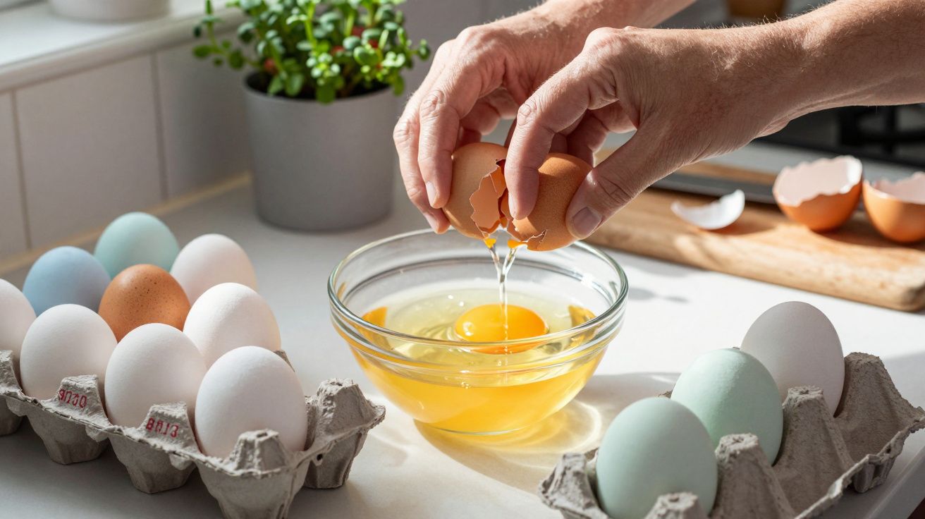 Mãos a partir um ovo numa taça de vidro com ovos brancos, castanhos e verdes numa bancada iluminada.