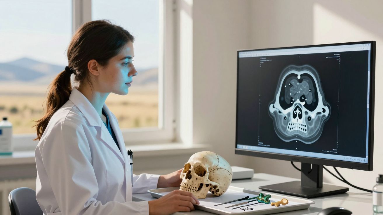 Mulher cientista com bata branca analisa raio-x craniano no computador enquanto segura um crânio humano na mão.