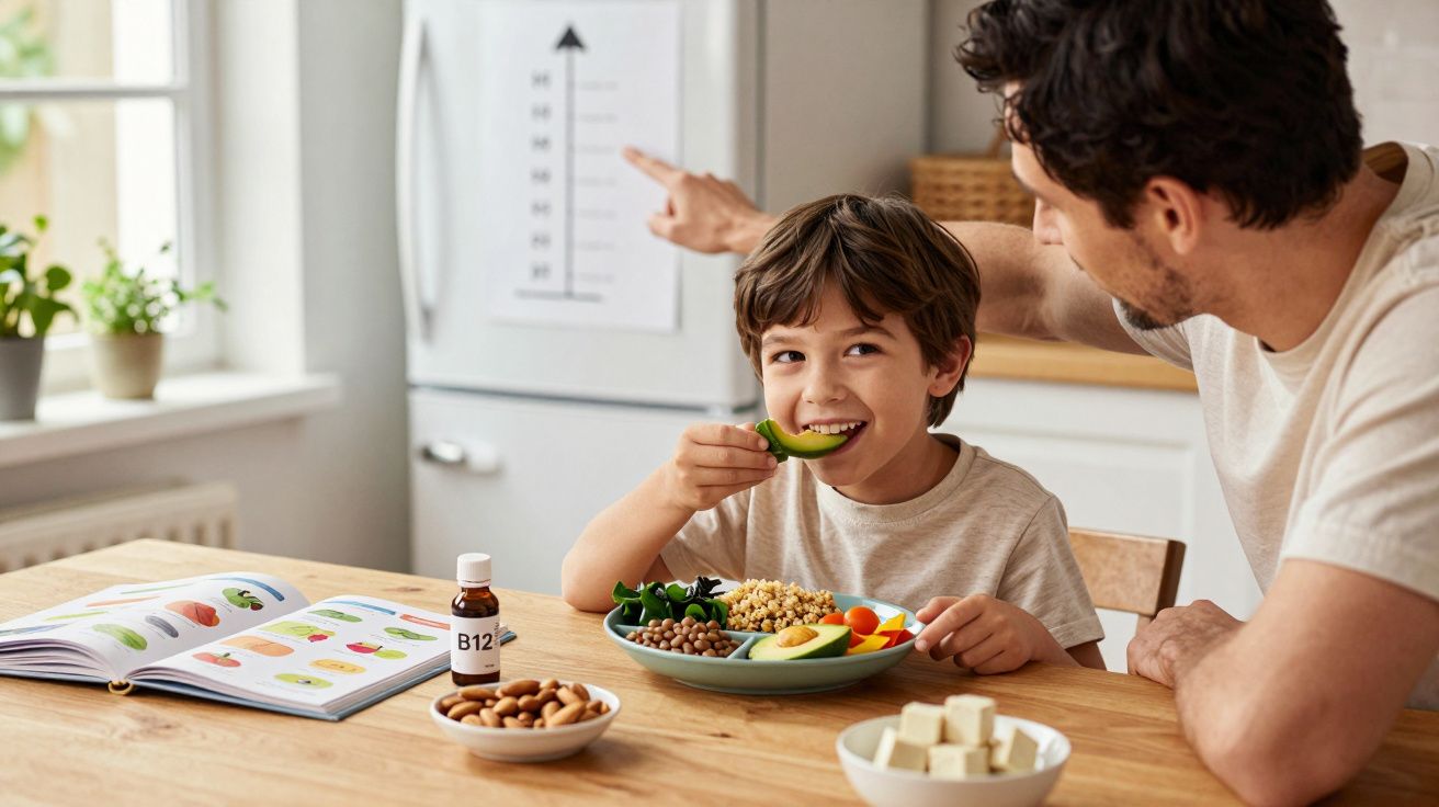 Pai e filho numa cozinha, comendo vegetais e legumes à mesa com livro e suplementos de vitaminas.