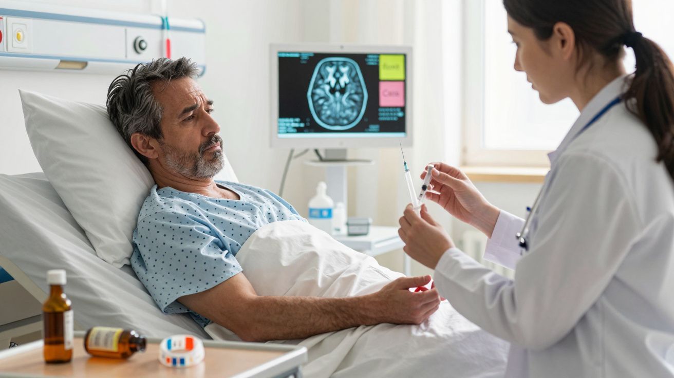 Paciente deitado em cama hospitalar a olhar para médica que prepara uma seringa, com exame cerebral no ecrã ao fundo.