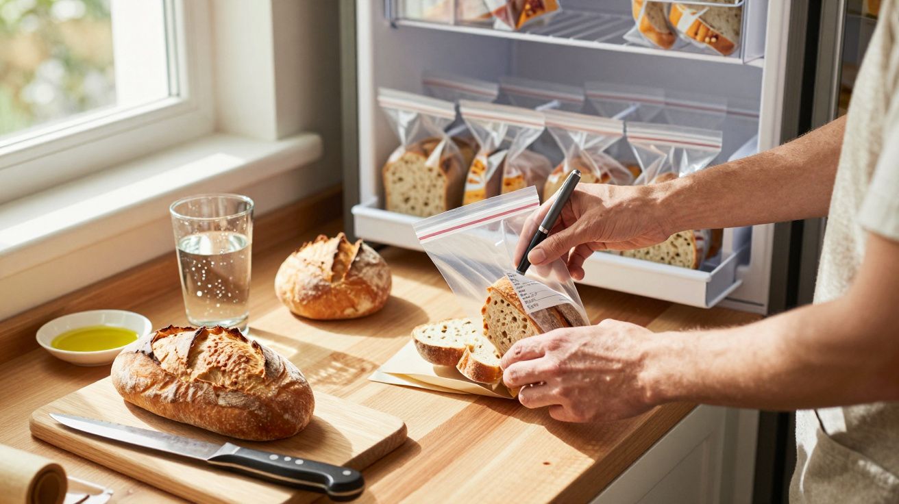 Pessoa a embalar fatias de pão caseiro em sacos de plástico com etiqueta, numa cozinha iluminada.