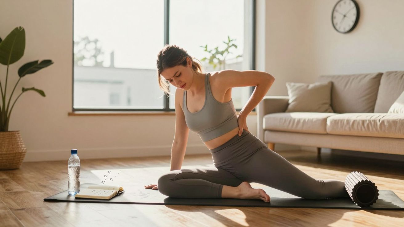 Mulher sentada no tapete de yoga a alongar o quadril numa sala iluminada e confortável.
