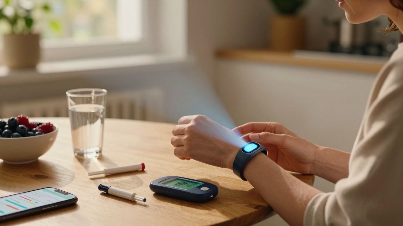 Pessoa a verificar níveis de glicose com dispositivo de medição e pulseira inteligente numa mesa de madeira.