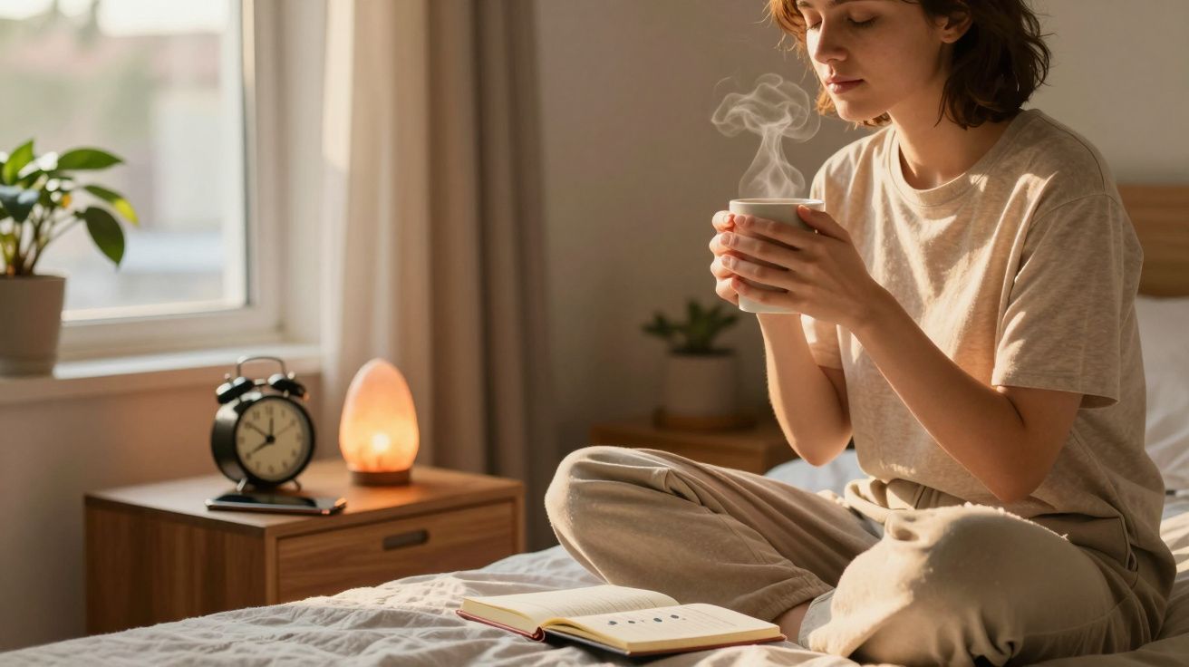 Mulher sentada na cama a beber chá quente, com livro aberto e luz suave no quarto.