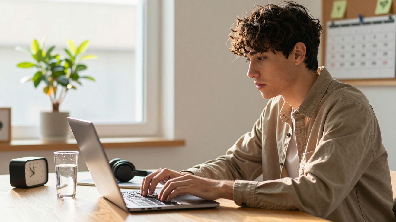 Jovem sentado a escrever num portátil numa mesa com relógio, copo de água e planta junto à janela.