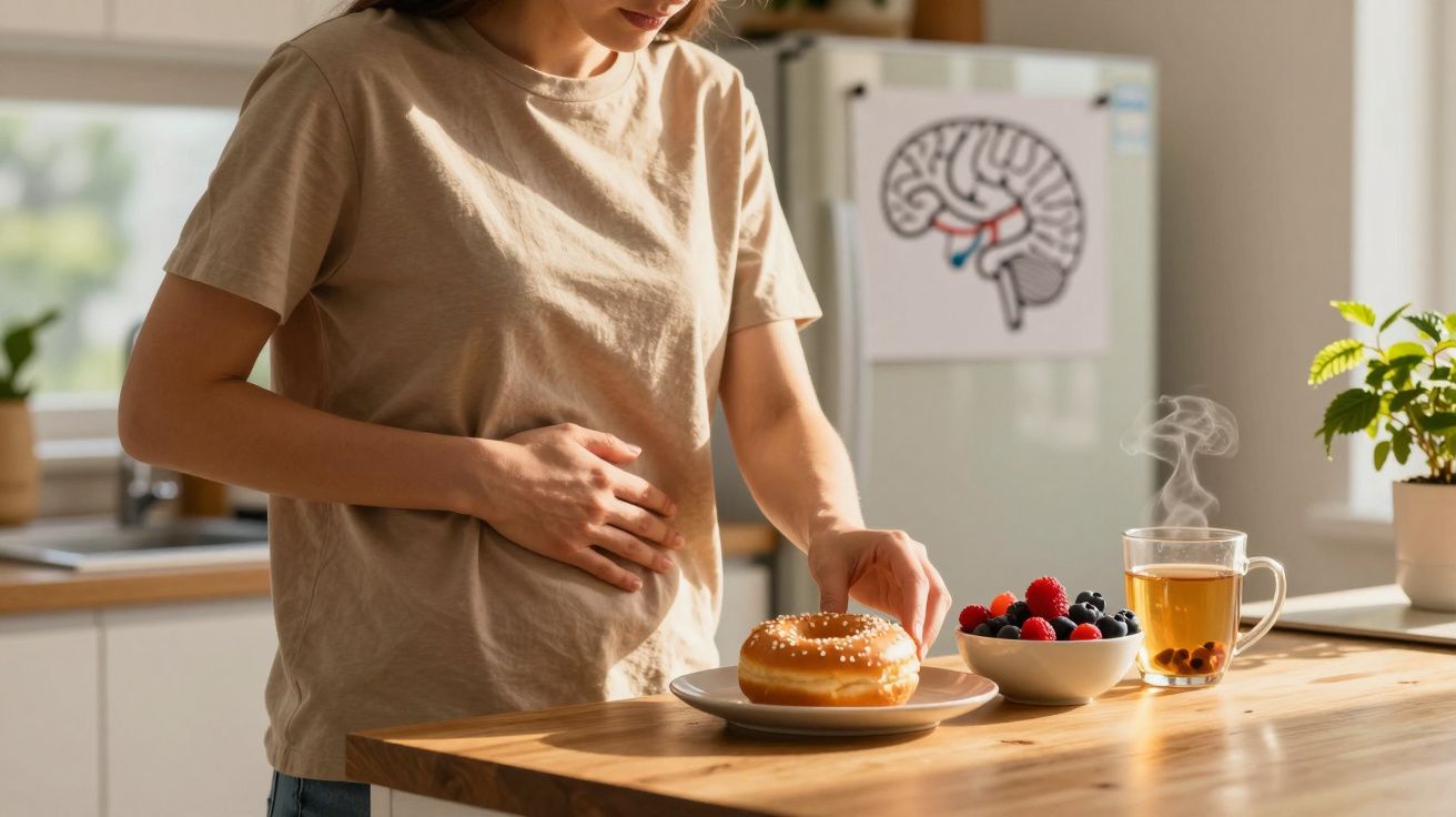 Mulher grávida com mão na barriga escolhe entre bolo, frutos vermelhos e chá na cozinha.