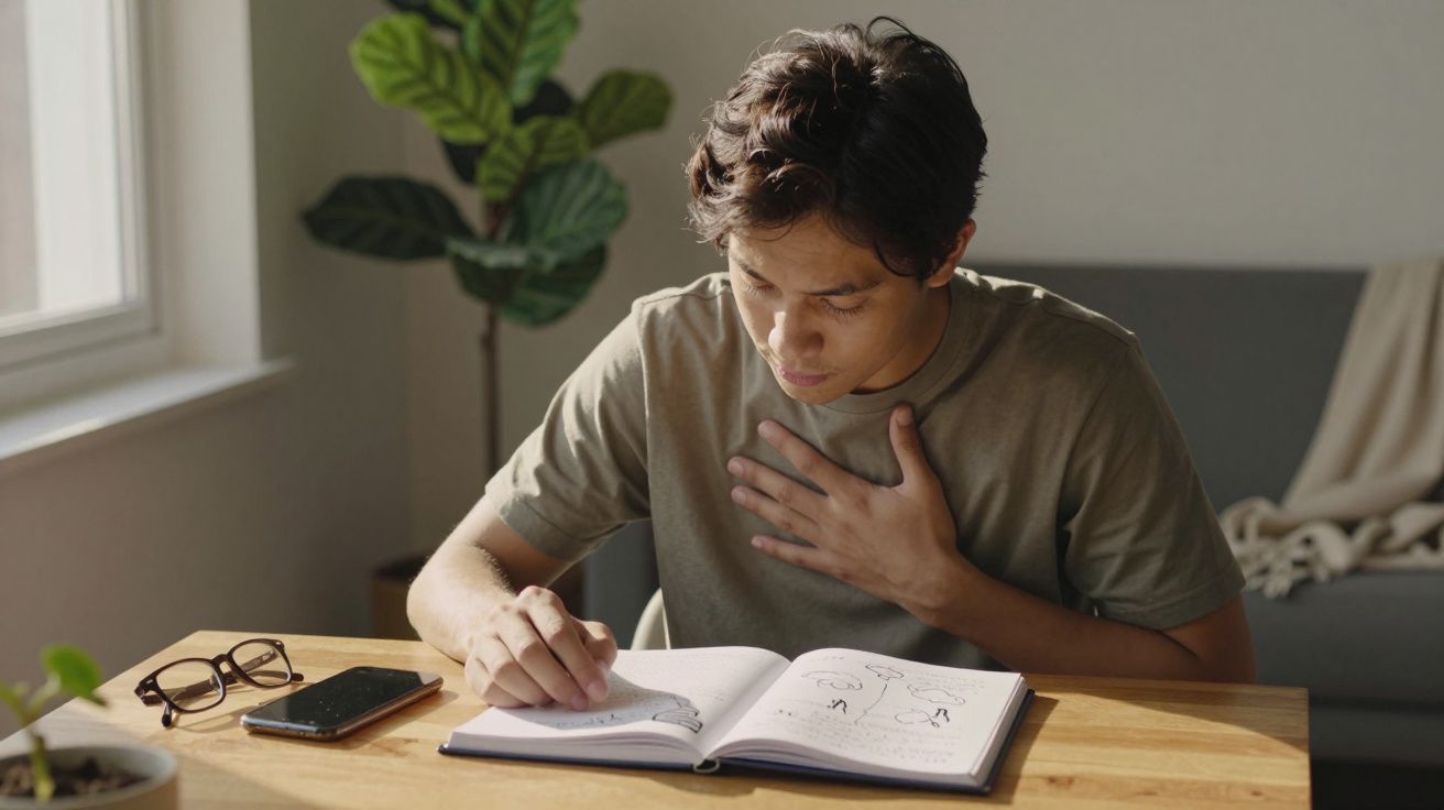 Jovem sentado numa mesa lê e toca no peito, com óculos e telemóvel ao lado, dentro de uma sala iluminada.
