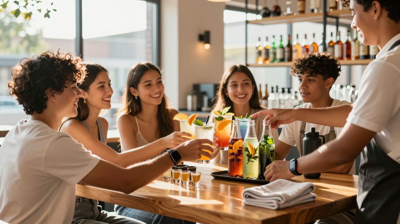 Grupo de jovens a receber bebidas num bar moderno com garrafas e copos coloridos sobre a mesa.