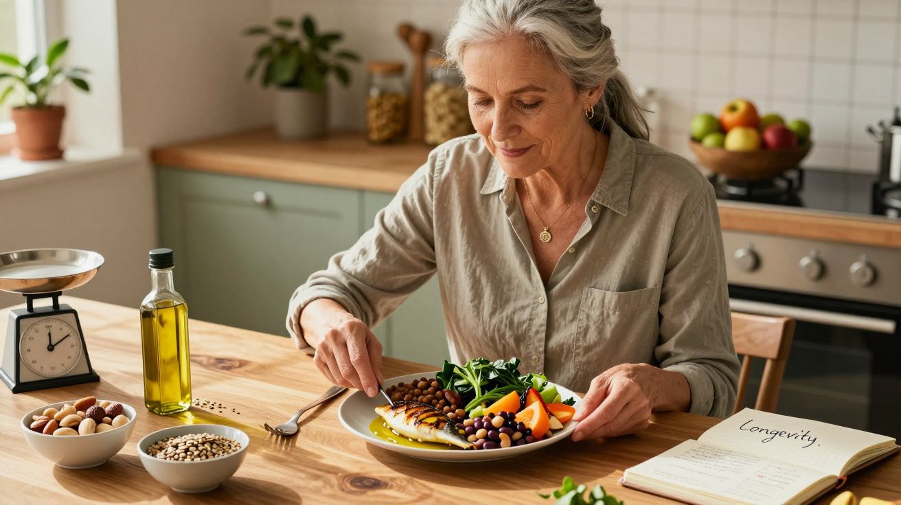 Mulher sénior a preparar uma refeição saudável com legumes e grãos, sentada à mesa na cozinha.
