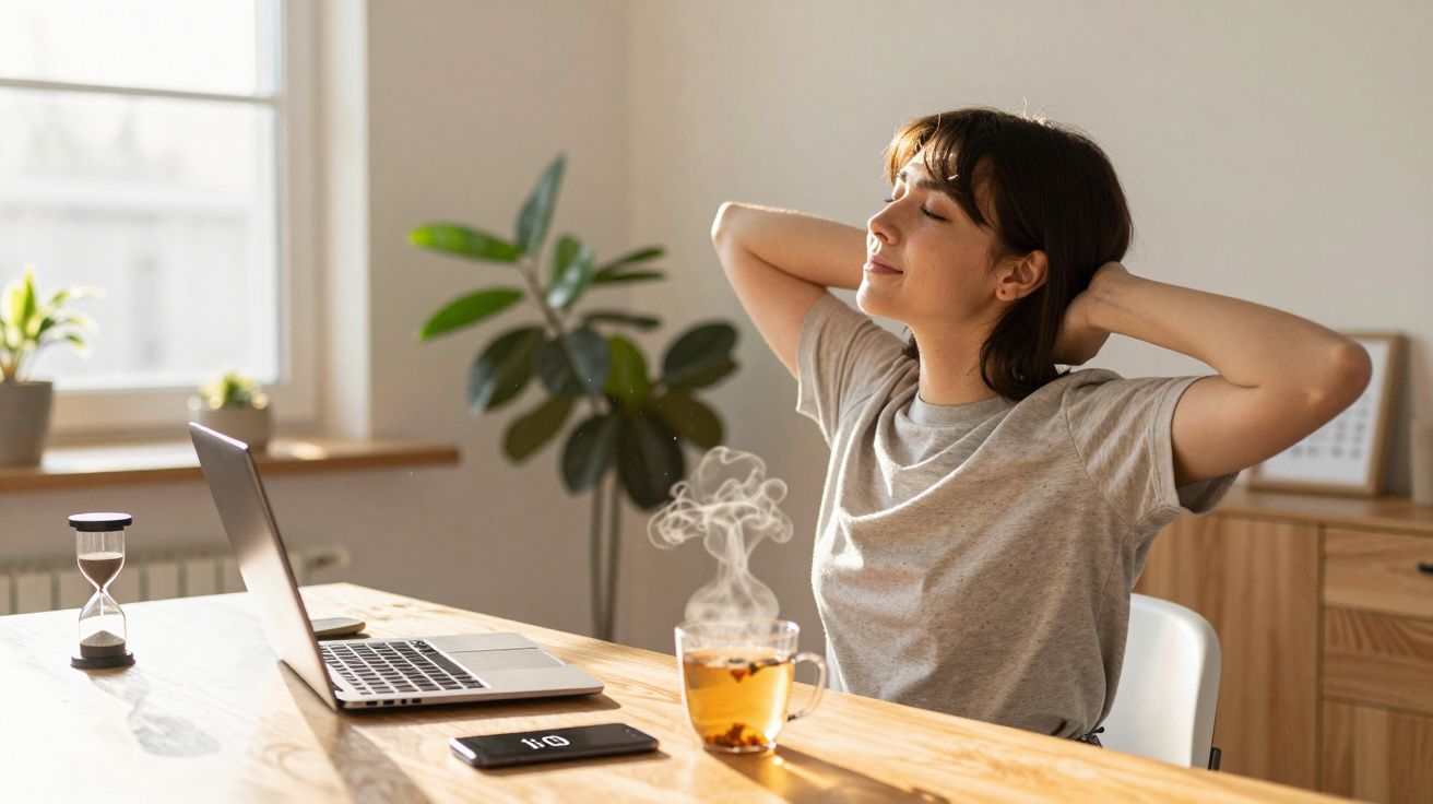 Mulher a relaxar e esticar-se numa cadeira junto a mesa com computador e chá quente num ambiente iluminado.