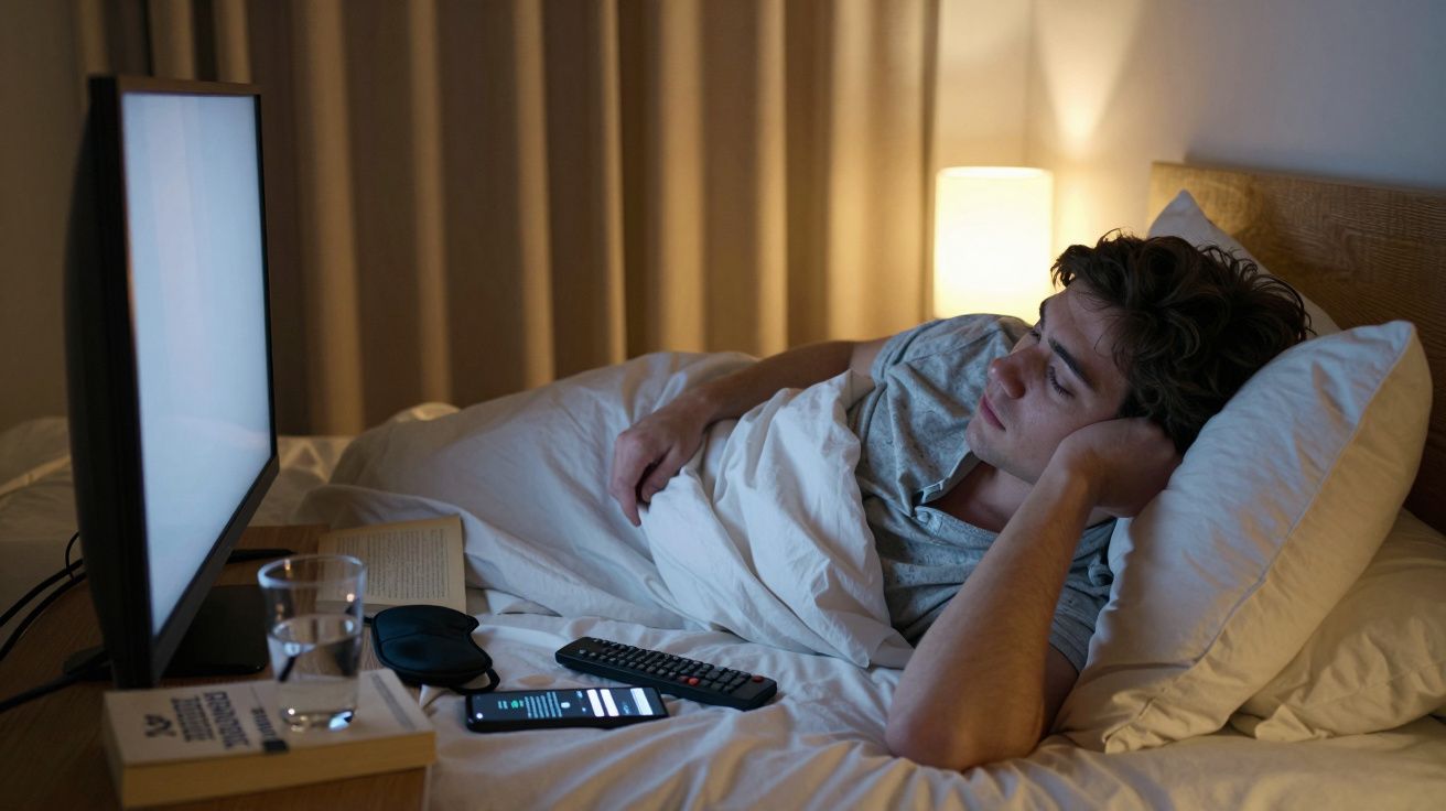 Jovem a ver televisão na cama à noite, com controlo remoto, telemóvel, livro e copo de água na mesa de cabeceira.