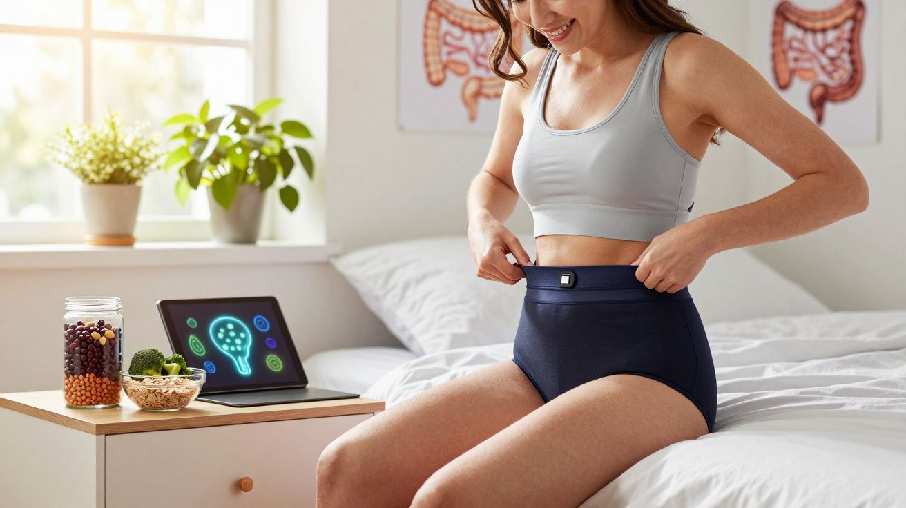 Mulher a vestir roupa de compressão sentada na cama, com alimentos saudáveis e ecrã com imagem de sistema digestivo no quarto