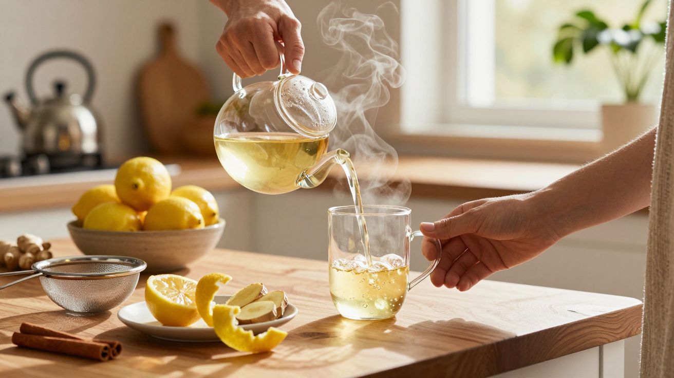 Mãos a servir chá quente de limão e gengibre numa cozinha com luz natural e ingredientes frescos sobre a bancada.